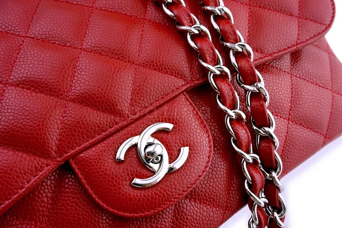 10C Chanel Red Caviar Jumbo 2.55 Classic Flap Bag