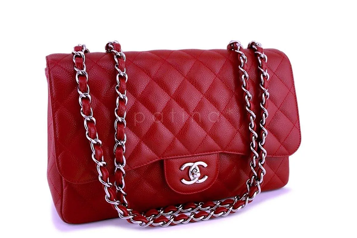 10C Chanel Red Caviar Jumbo 2.55 Classic Flap Bag