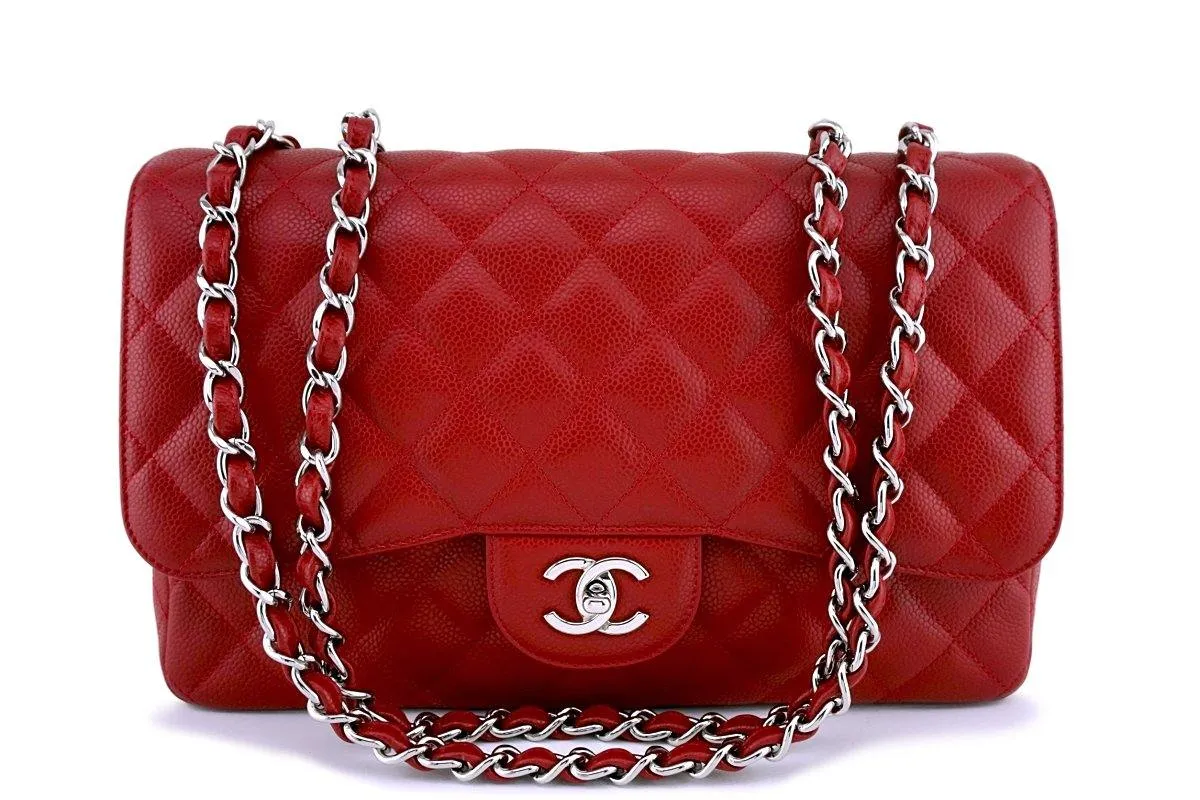 10C Chanel Red Caviar Jumbo 2.55 Classic Flap Bag