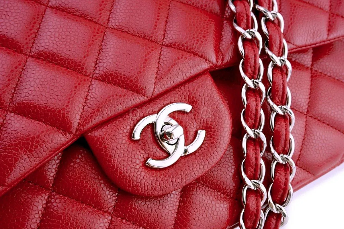 11P Chanel Red Caviar Jumbo Classic Double Flap Bag SHW