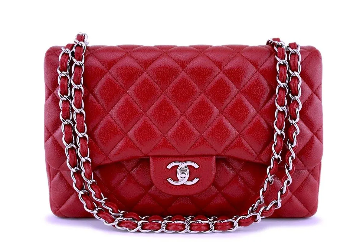 11P Chanel Red Caviar Jumbo Classic Double Flap Bag SHW