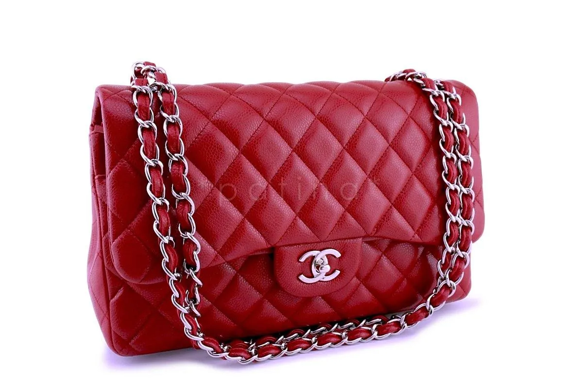 11P Chanel Red Caviar Jumbo Classic Double Flap Bag SHW