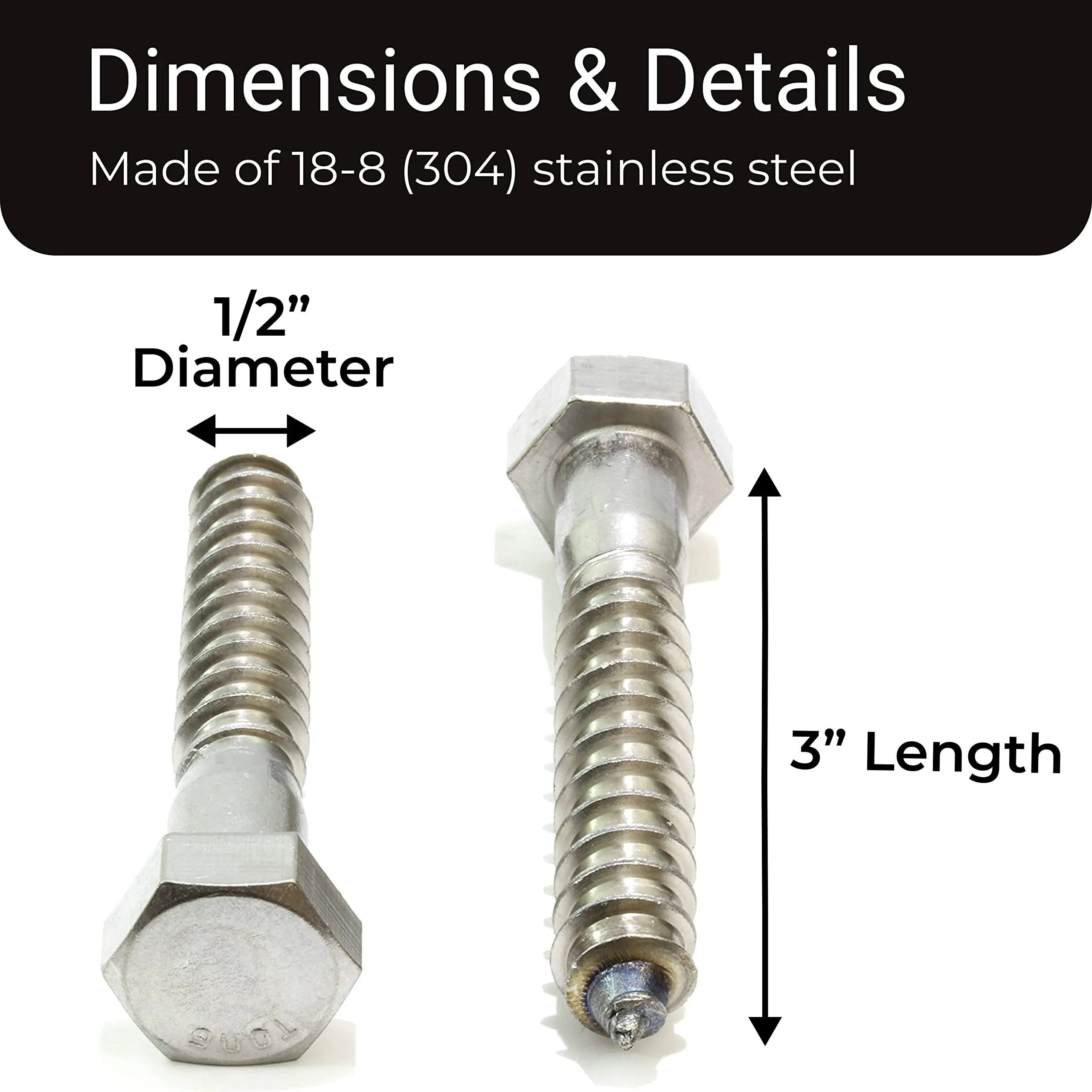 1/4" X 3" Stainless Hex Lag Bolt Screws, (25 Pack) 304 (18-8) Stainless Steel, by Bolt