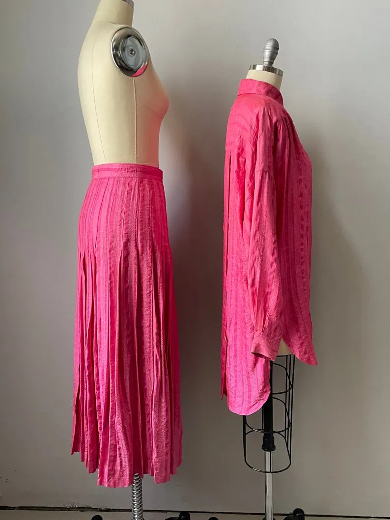 1980s Silk Ensemble Pink Blouse Skirt Set S