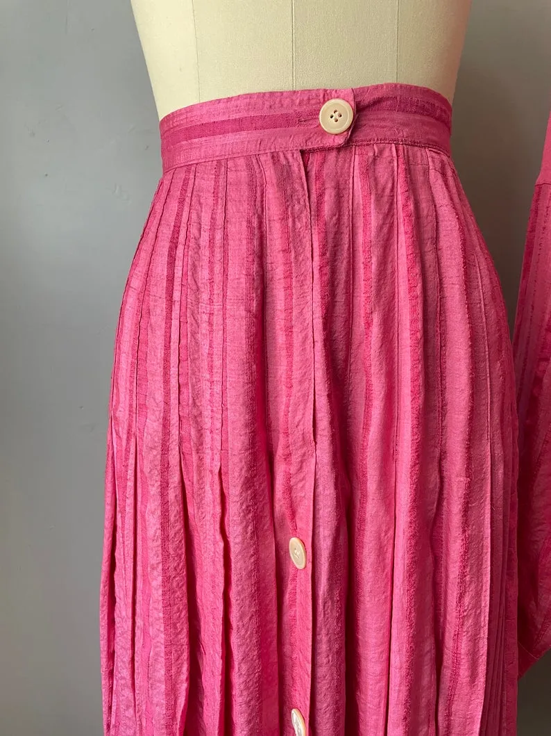 1980s Silk Ensemble Pink Blouse Skirt Set S