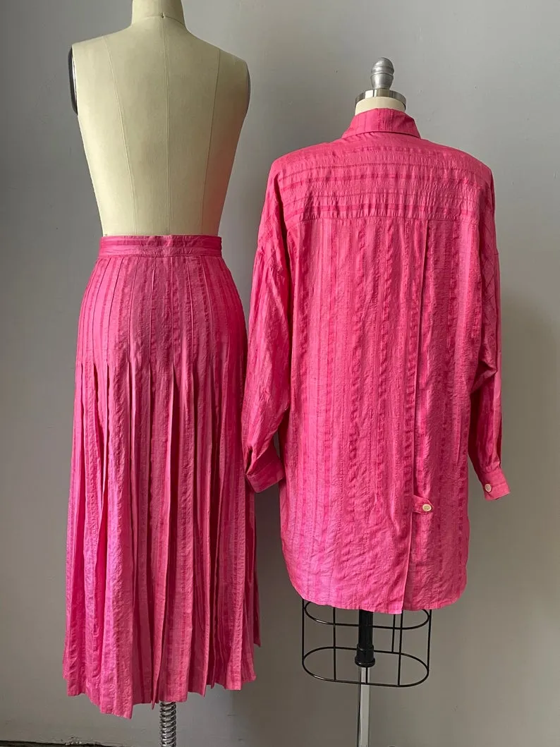 1980s Silk Ensemble Pink Blouse Skirt Set S