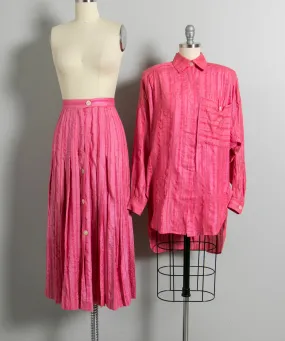 1980s Silk Ensemble Pink Blouse Skirt Set S