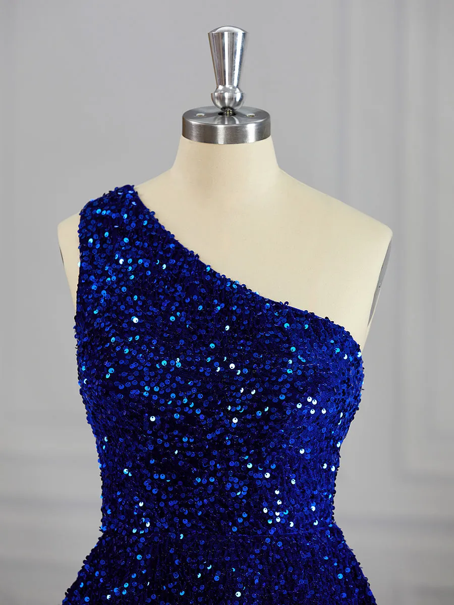 A-line One-Shoulder Sequin Short/Mini Velvet Sequins Dress