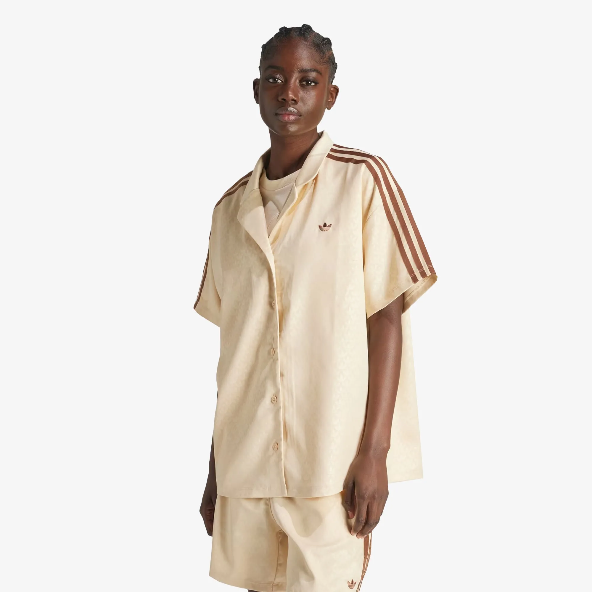 Adidas Originals | WMN'S FASHION MONOGRAM SATIN BOWLING SHIRT  { CRYSTAL SAND