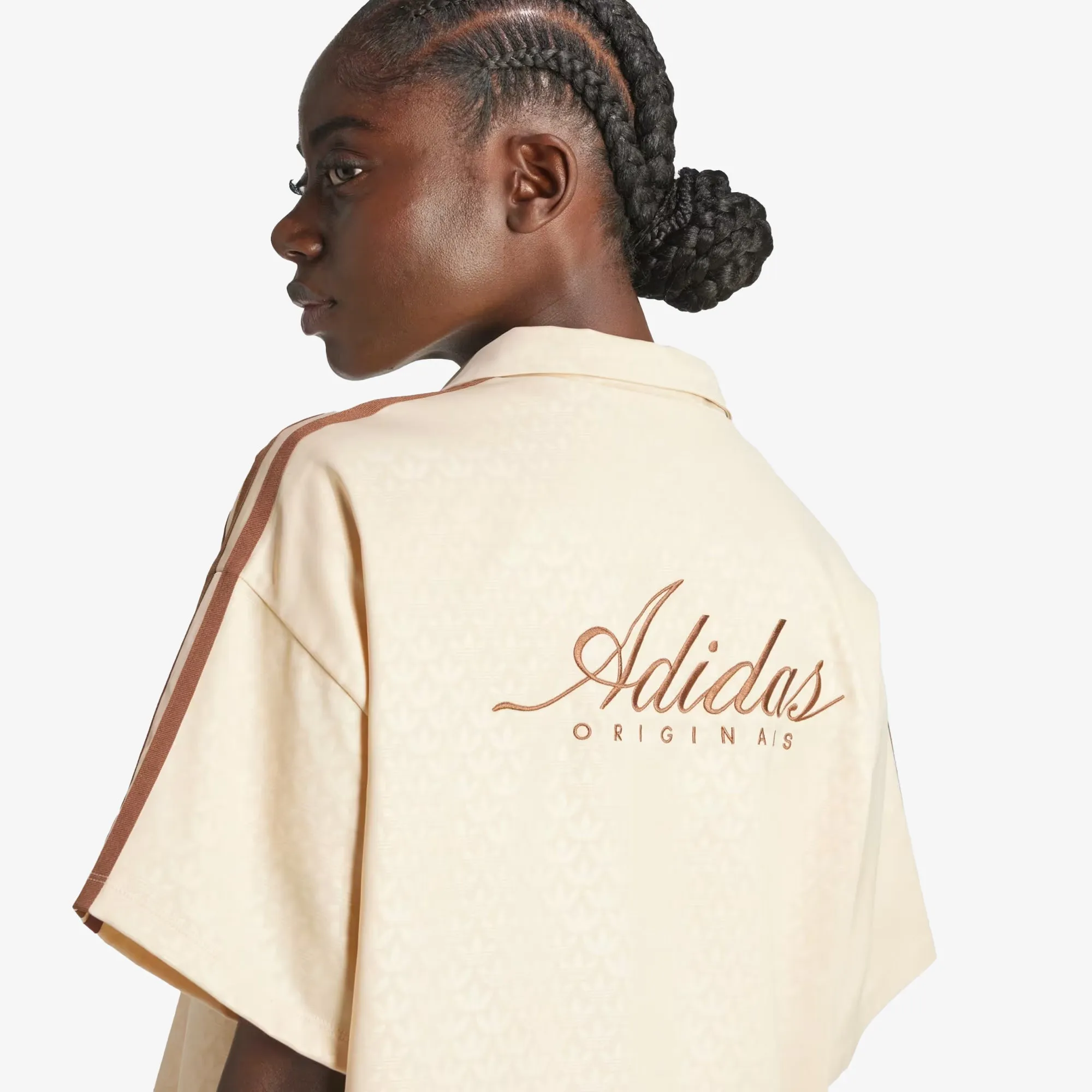 Adidas Originals | WMN'S FASHION MONOGRAM SATIN BOWLING SHIRT  { CRYSTAL SAND