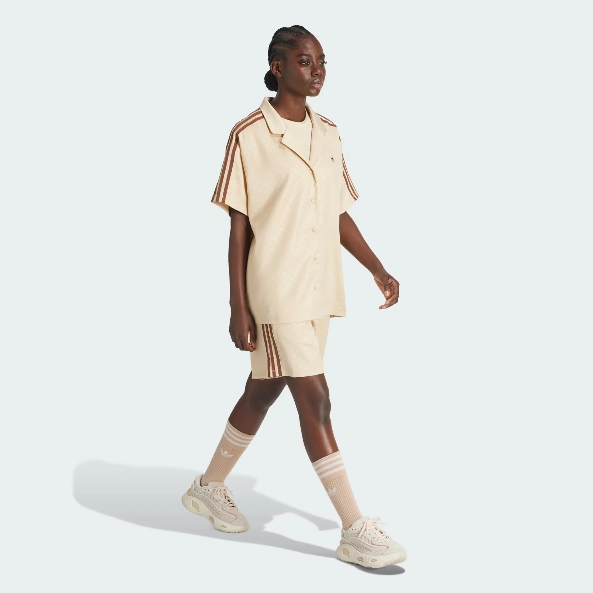 Adidas Originals | WMN'S FASHION MONOGRAM SATIN BOWLING SHIRT  { CRYSTAL SAND