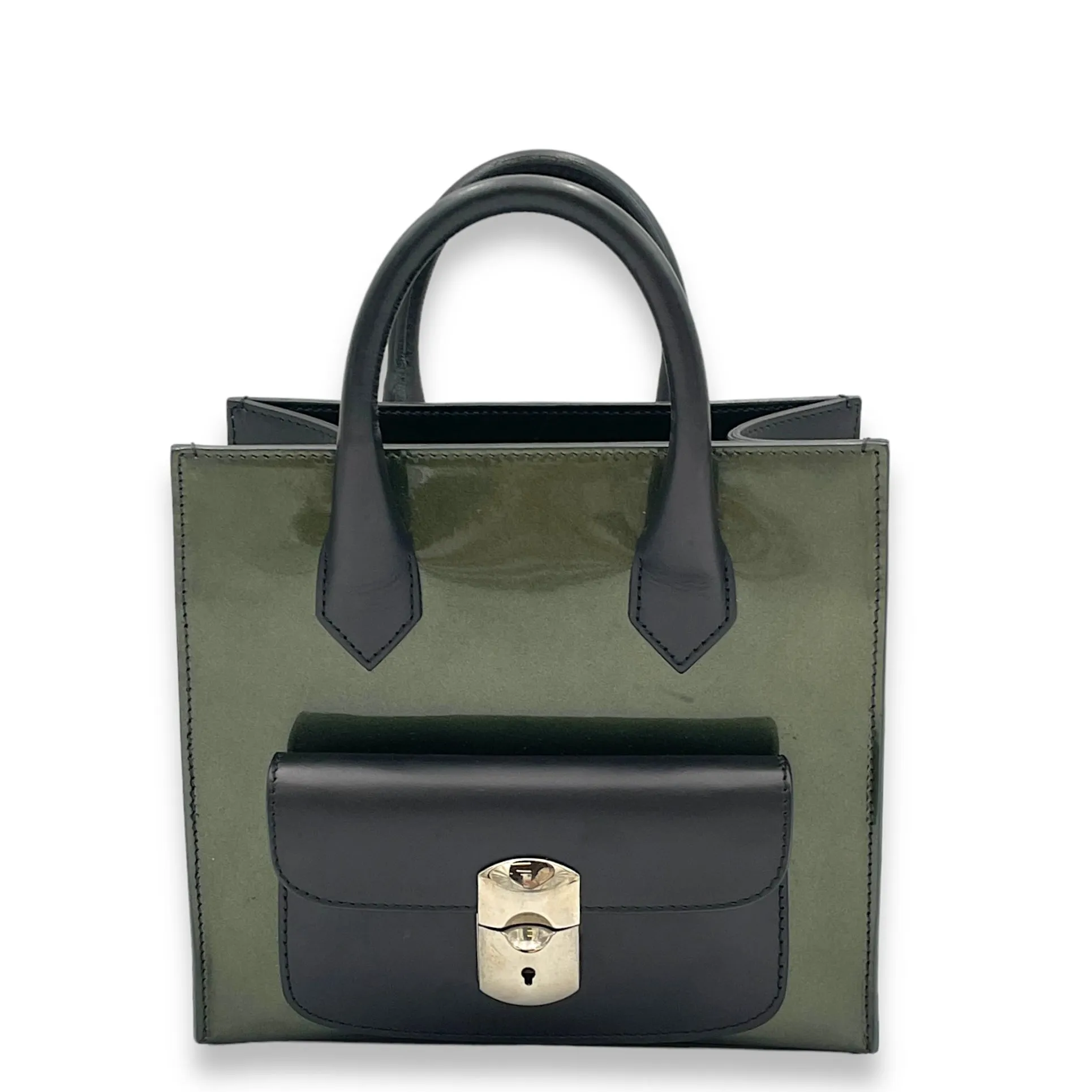 All Afternoon Top Handle Bag Green in Patent Leather, Silver hardware