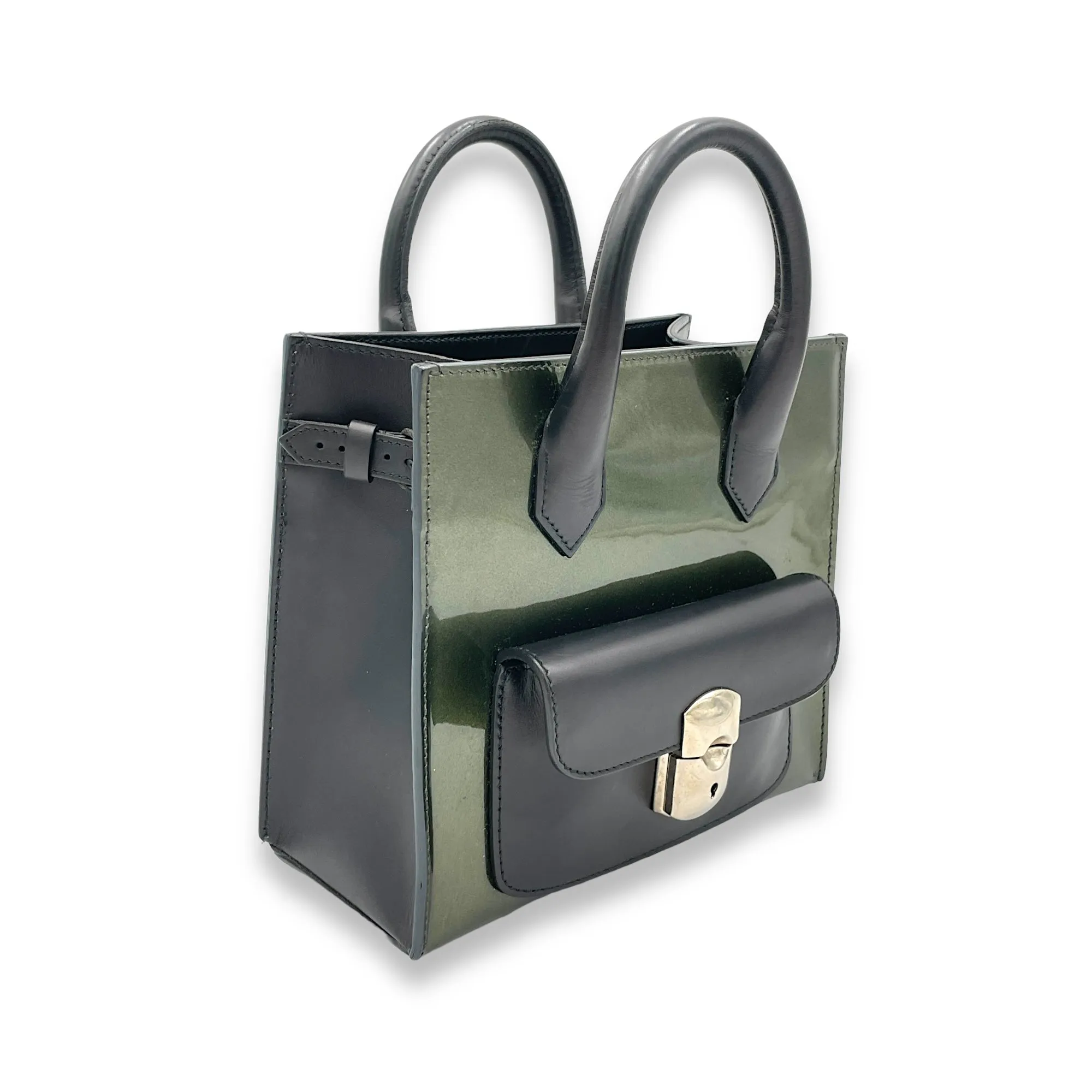 All Afternoon Top Handle Bag Green in Patent Leather, Silver hardware