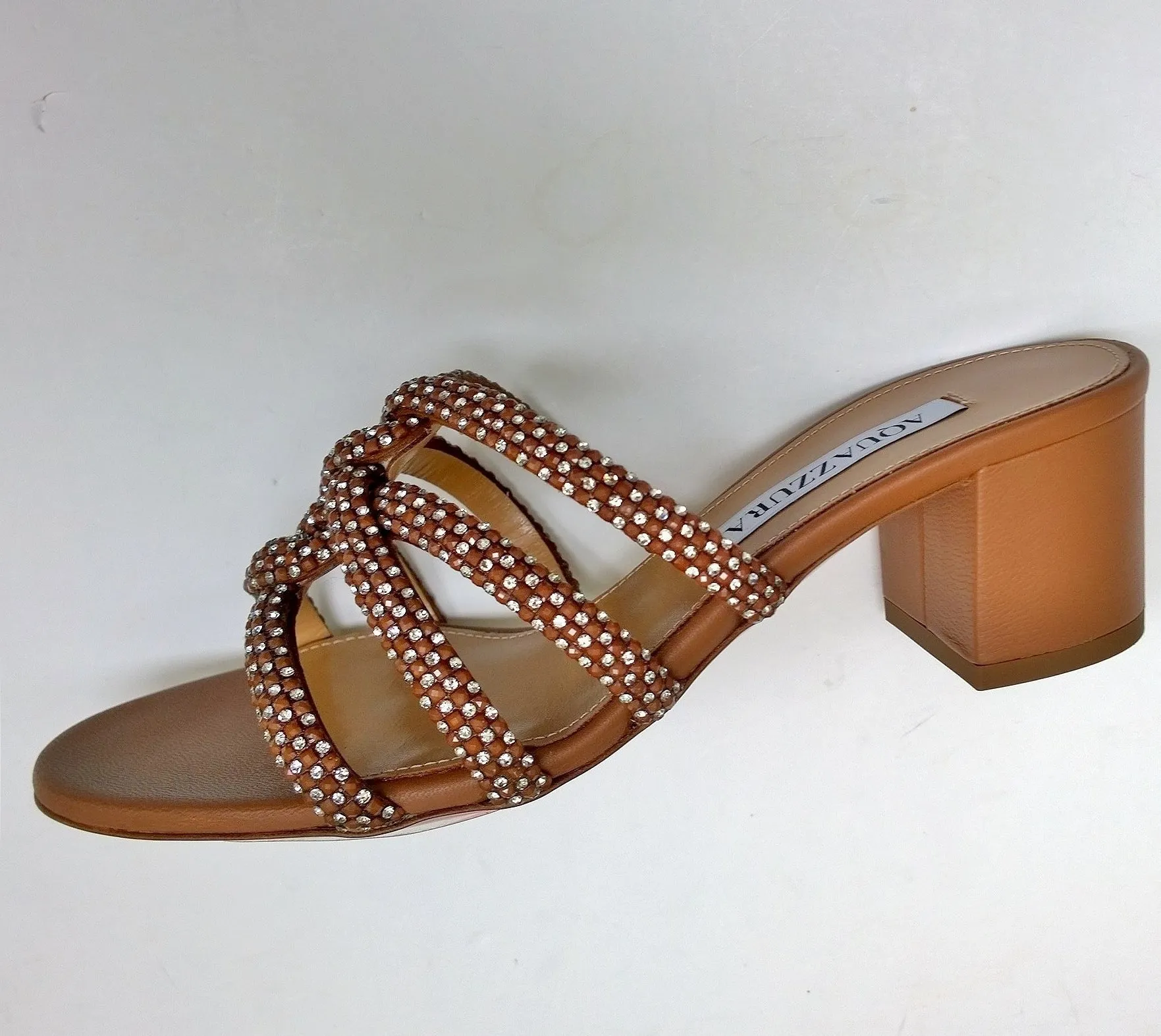 Aquazzura Moondust Crystal 50 Cuoio Tan Leather with Rhinestone Sandals Block Heel Slides