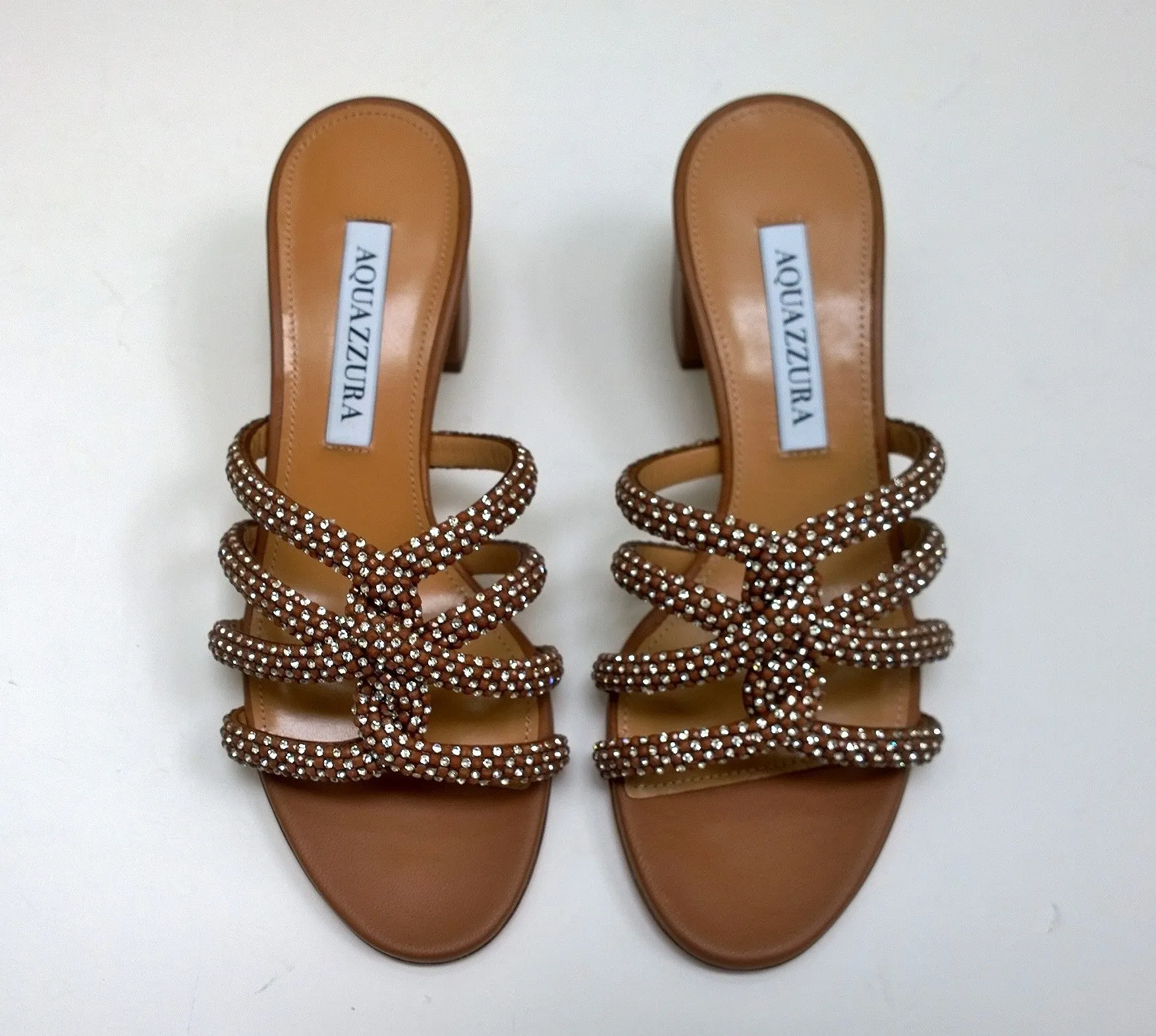 Aquazzura Moondust Crystal 50 Cuoio Tan Leather with Rhinestone Sandals Block Heel Slides