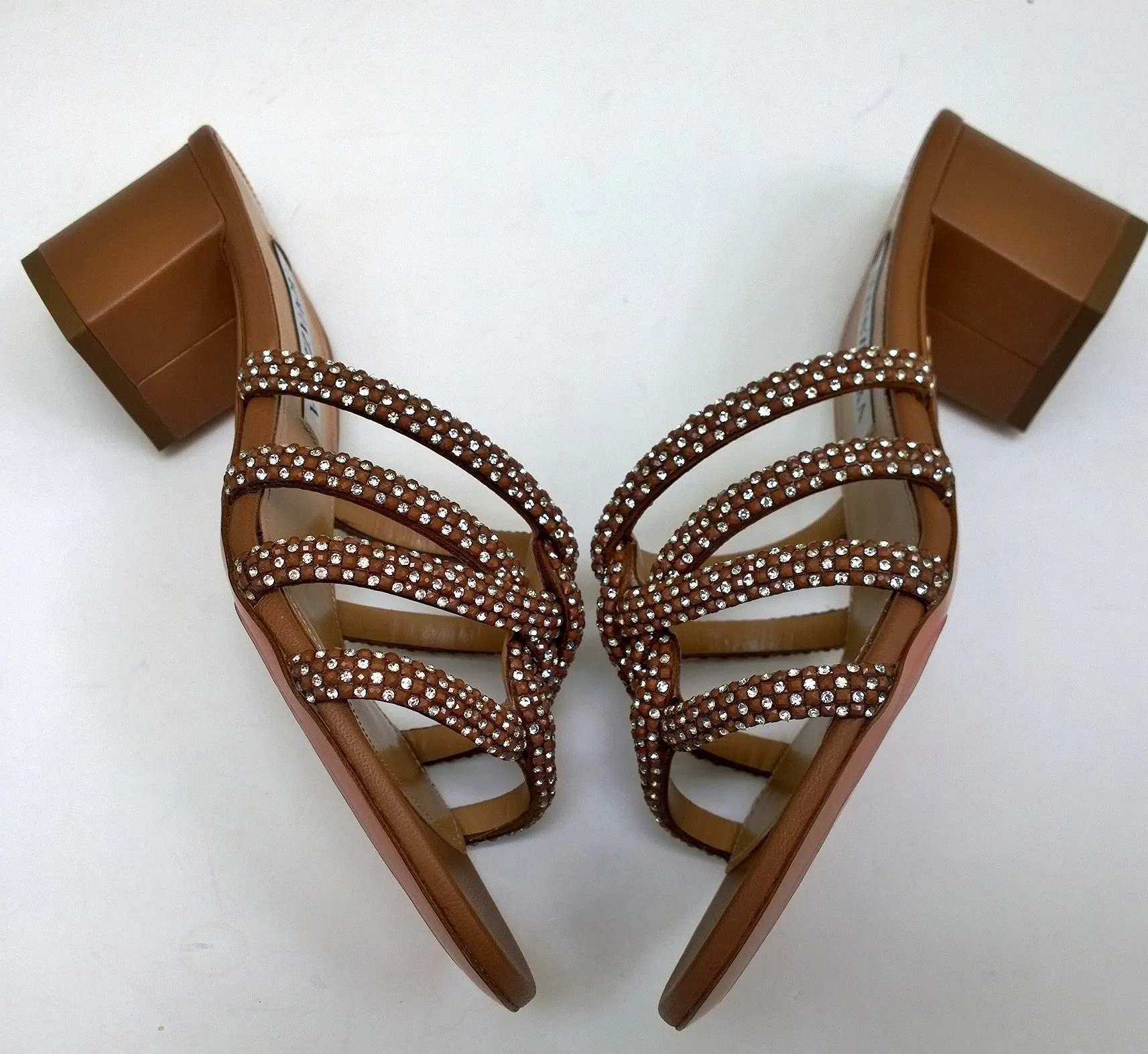 Aquazzura Moondust Crystal 50 Cuoio Tan Leather with Rhinestone Sandals Block Heel Slides