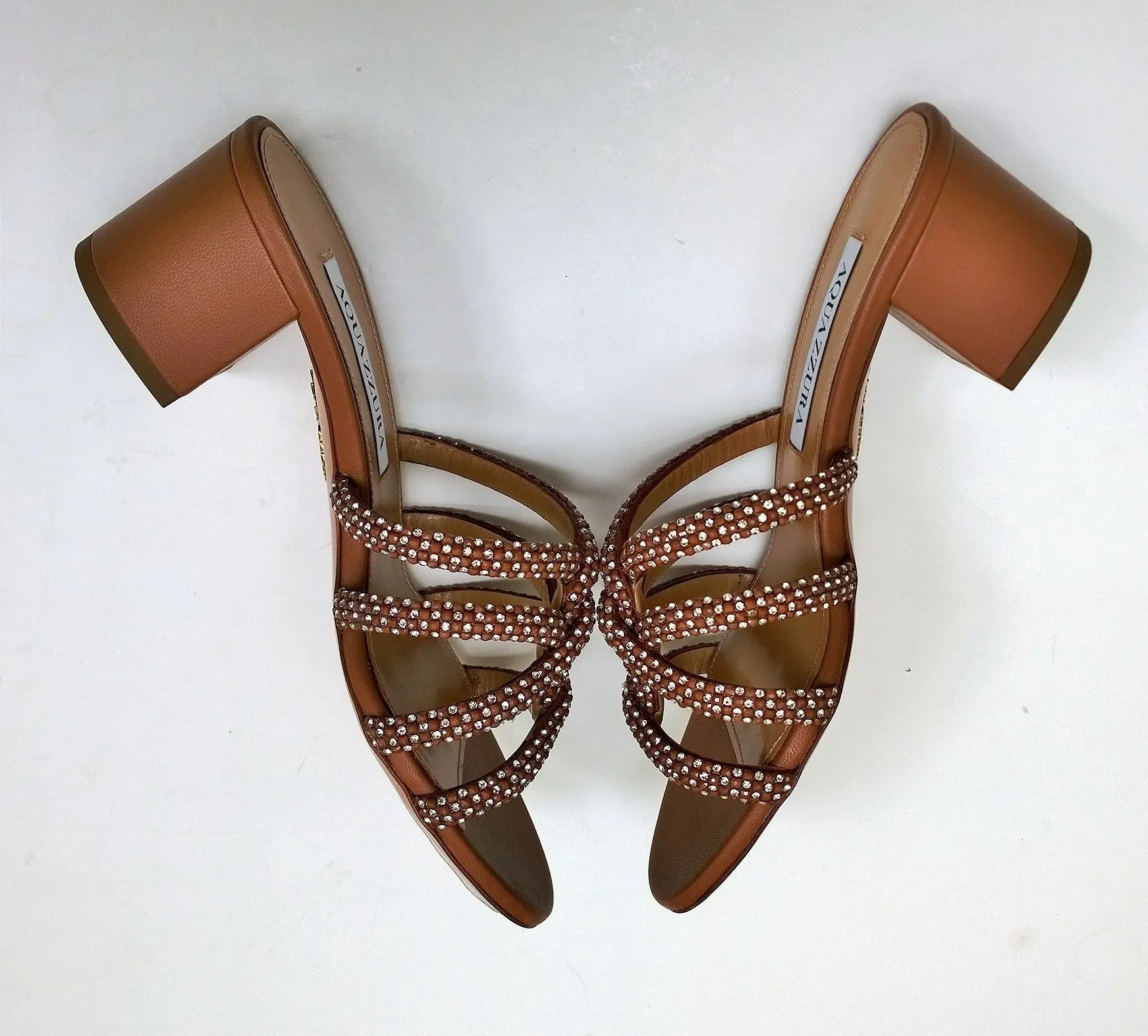 Aquazzura Moondust Crystal 50 Cuoio Tan Leather with Rhinestone Sandals Block Heel Slides