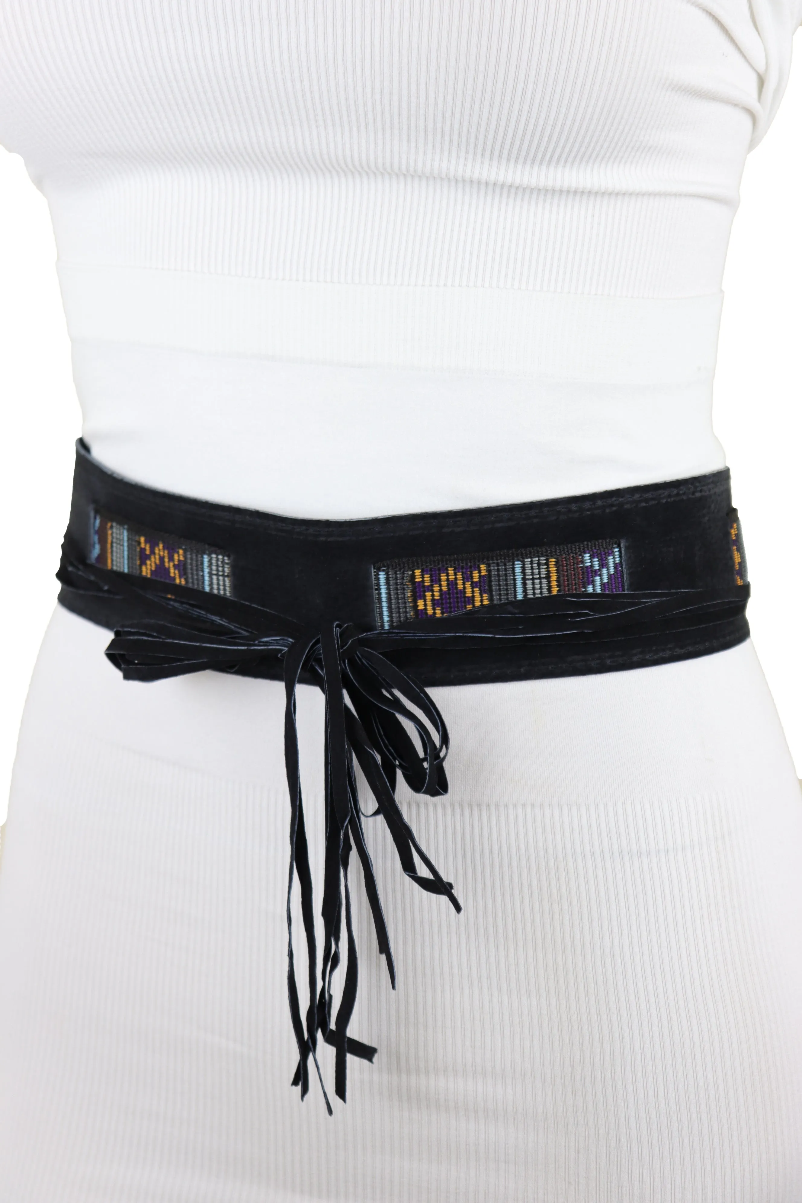 Black Fabric Wrap Around Ethnic Bohemian Fashion Tie Belt Hip Waist S M L