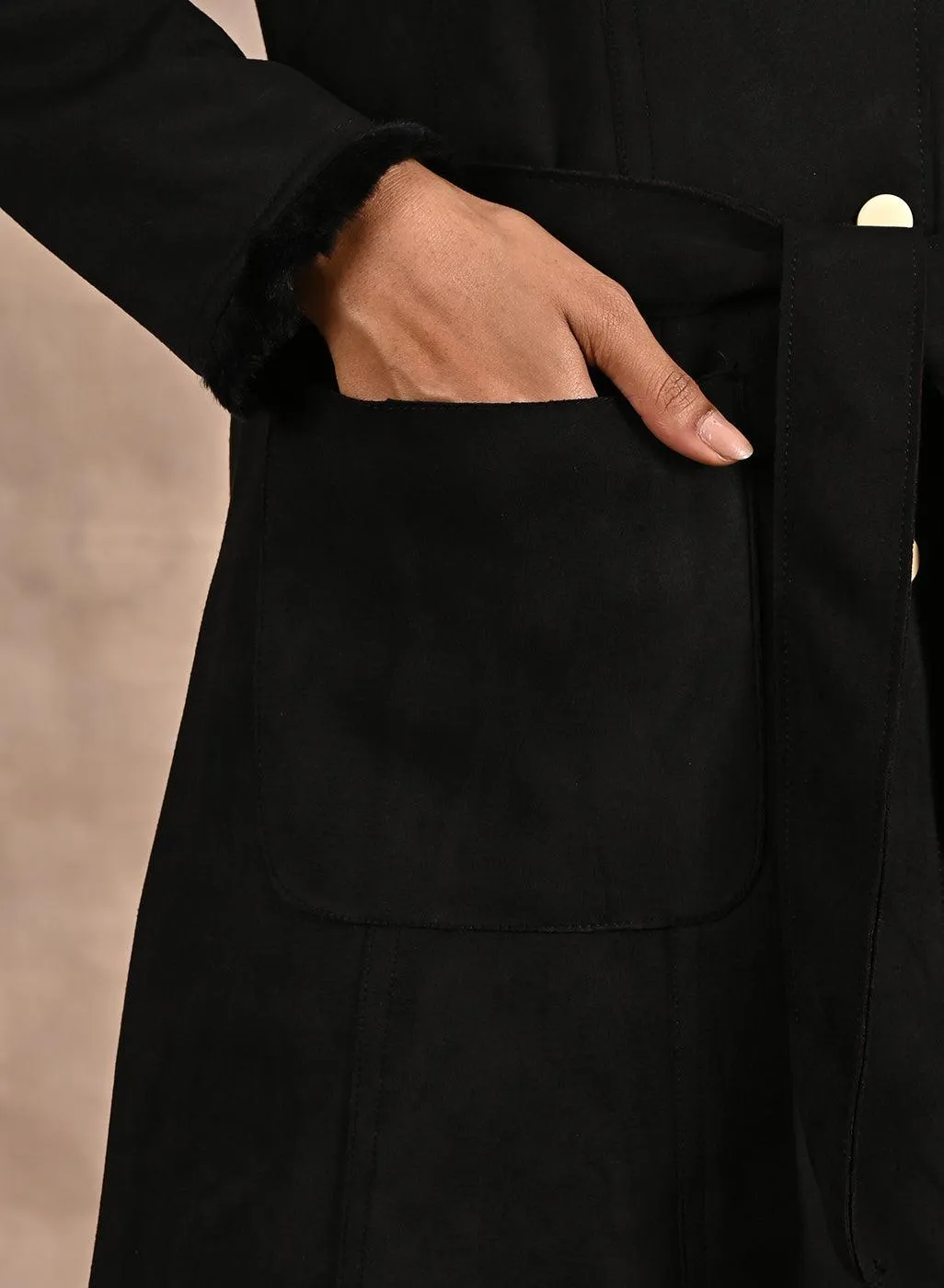 Black Long Belted Trench Coat with Fur Detailing