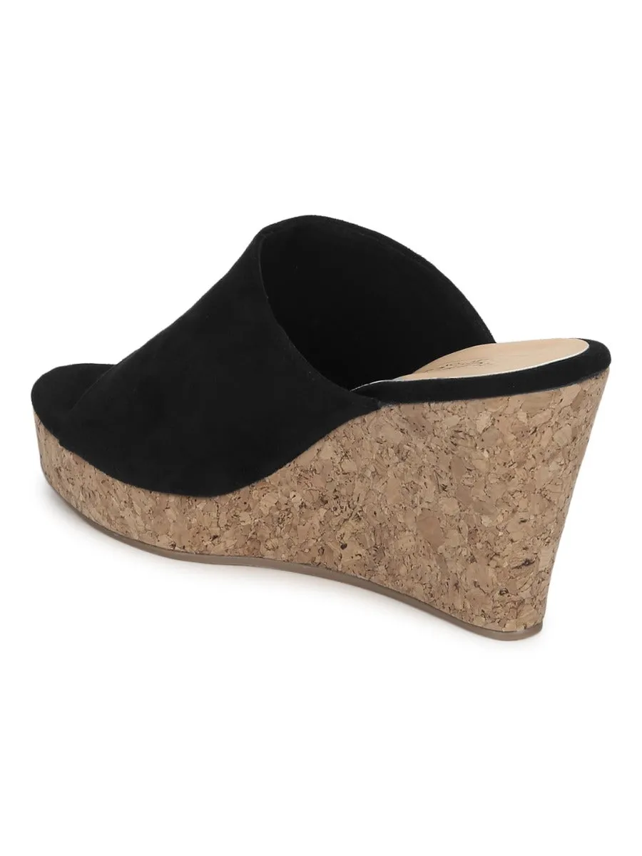 Black Micro Peep Toe Slip On Wedges