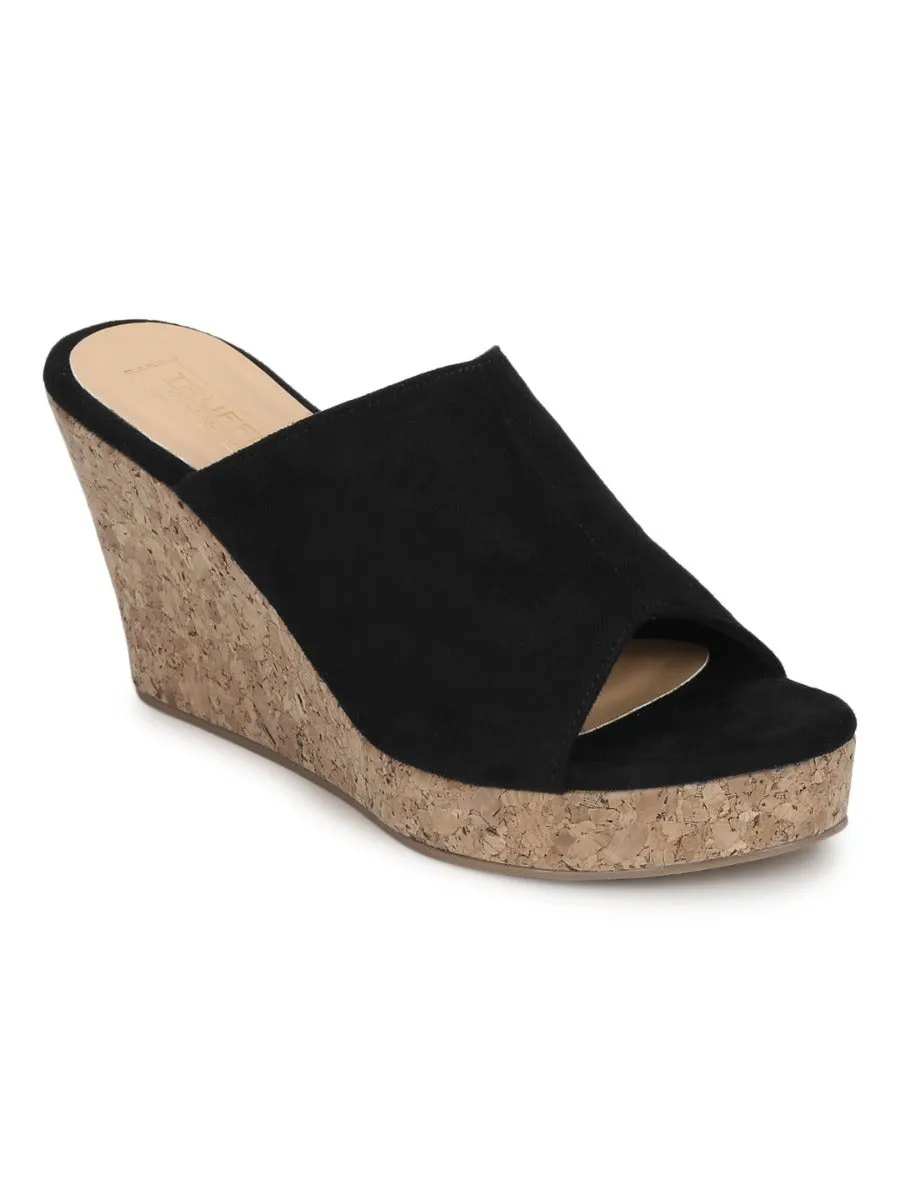 Black Micro Peep Toe Slip On Wedges