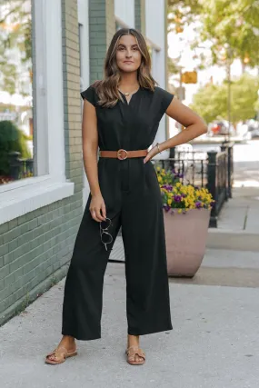 Black Short Sleeve Belted Jumpsuit - FINAL SALE