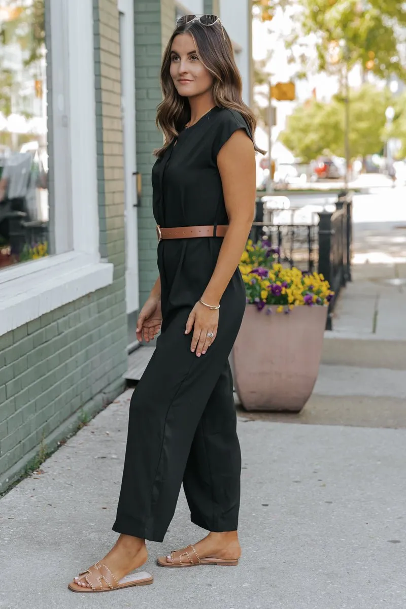 Black Short Sleeve Belted Jumpsuit - FINAL SALE