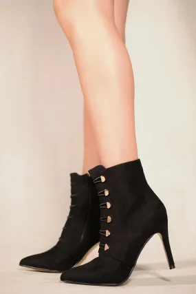 BLYTHE POINTED TOE MID HEEL ANKLE BOOTS WITH GOLD BUTTONS IN BLACK FAUX SUEDE