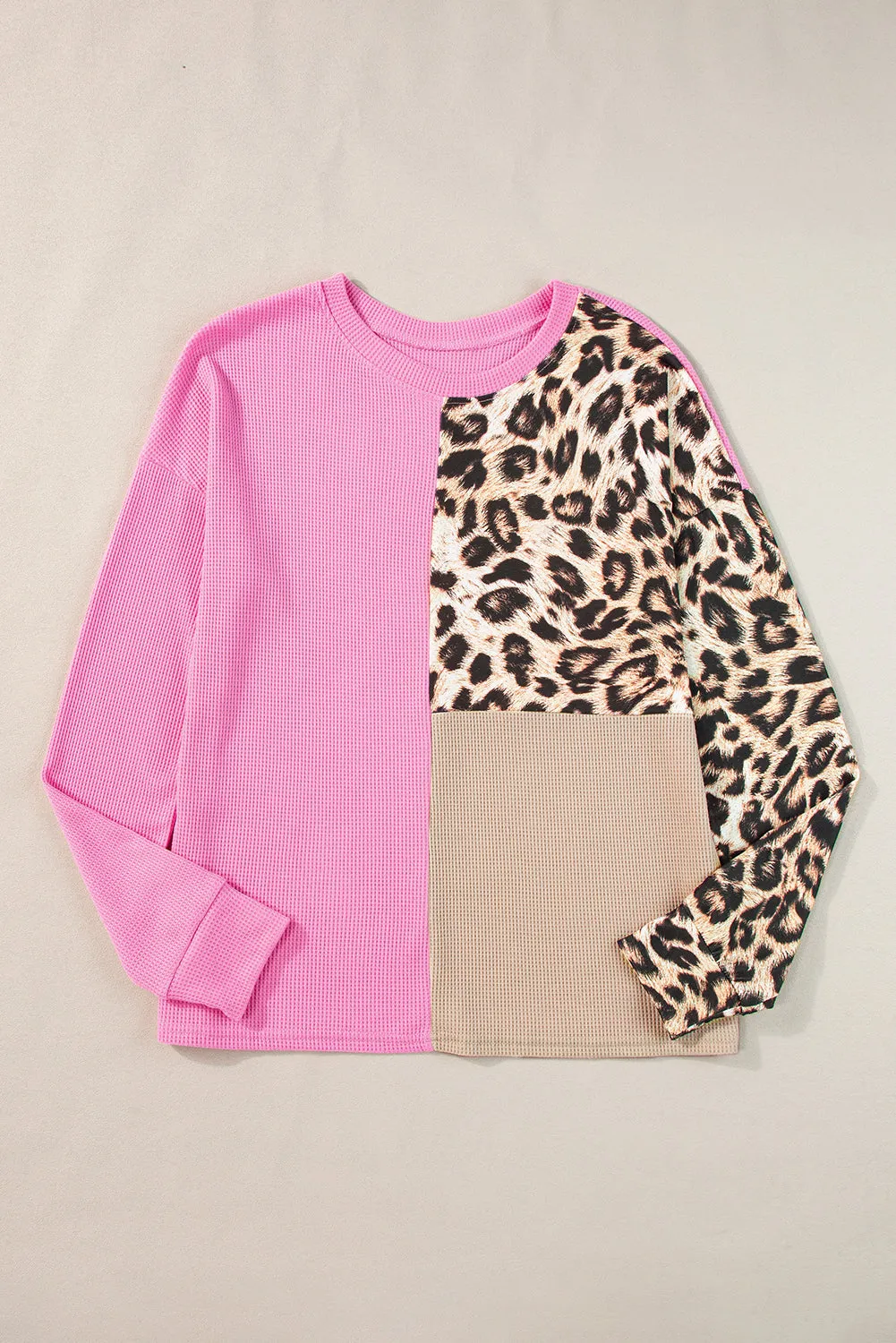 Bonbon Leopard Colorblock Waffle Knit Top