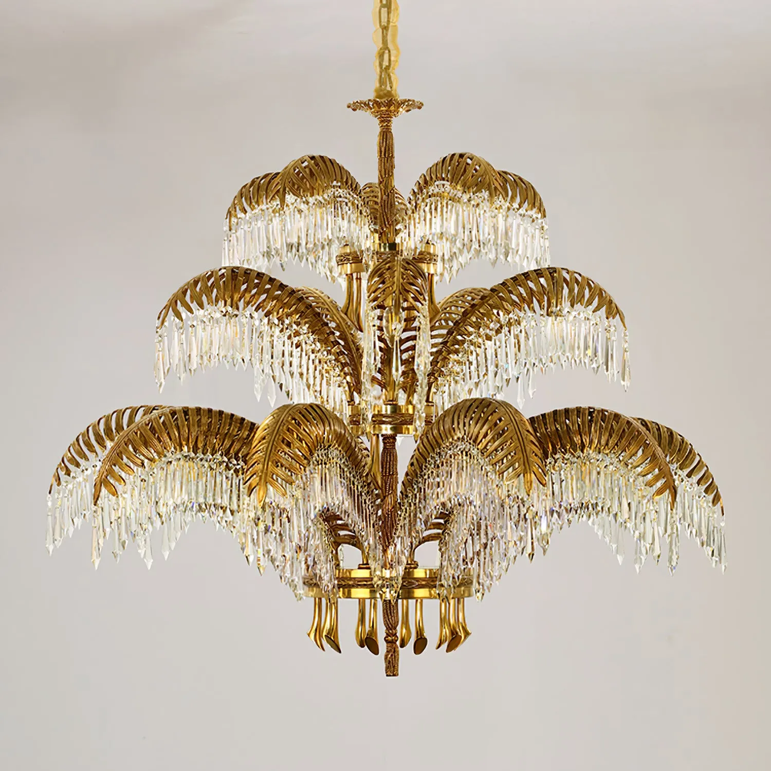 Brass Palm Leaf Crystal Chandelier