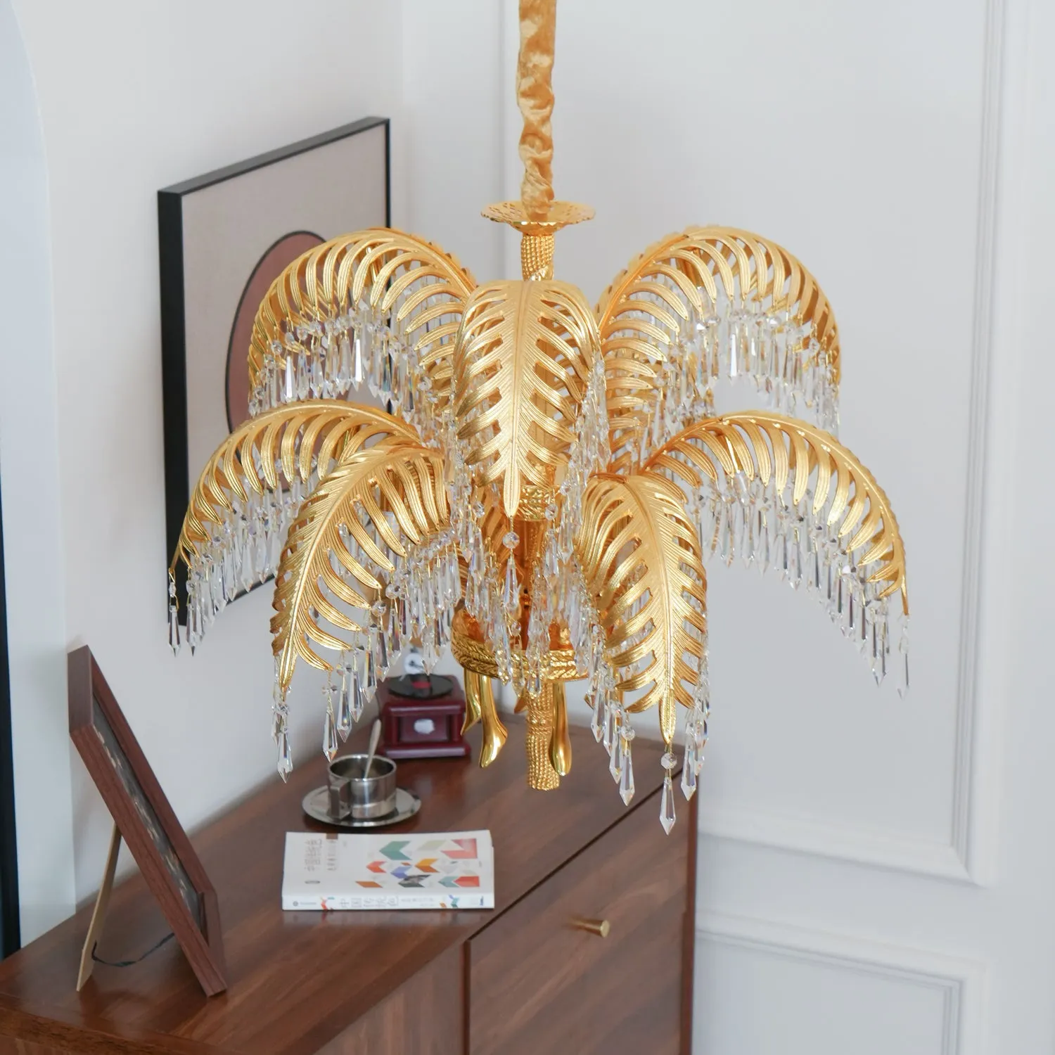 Brass Palm Leaf Crystal Chandelier