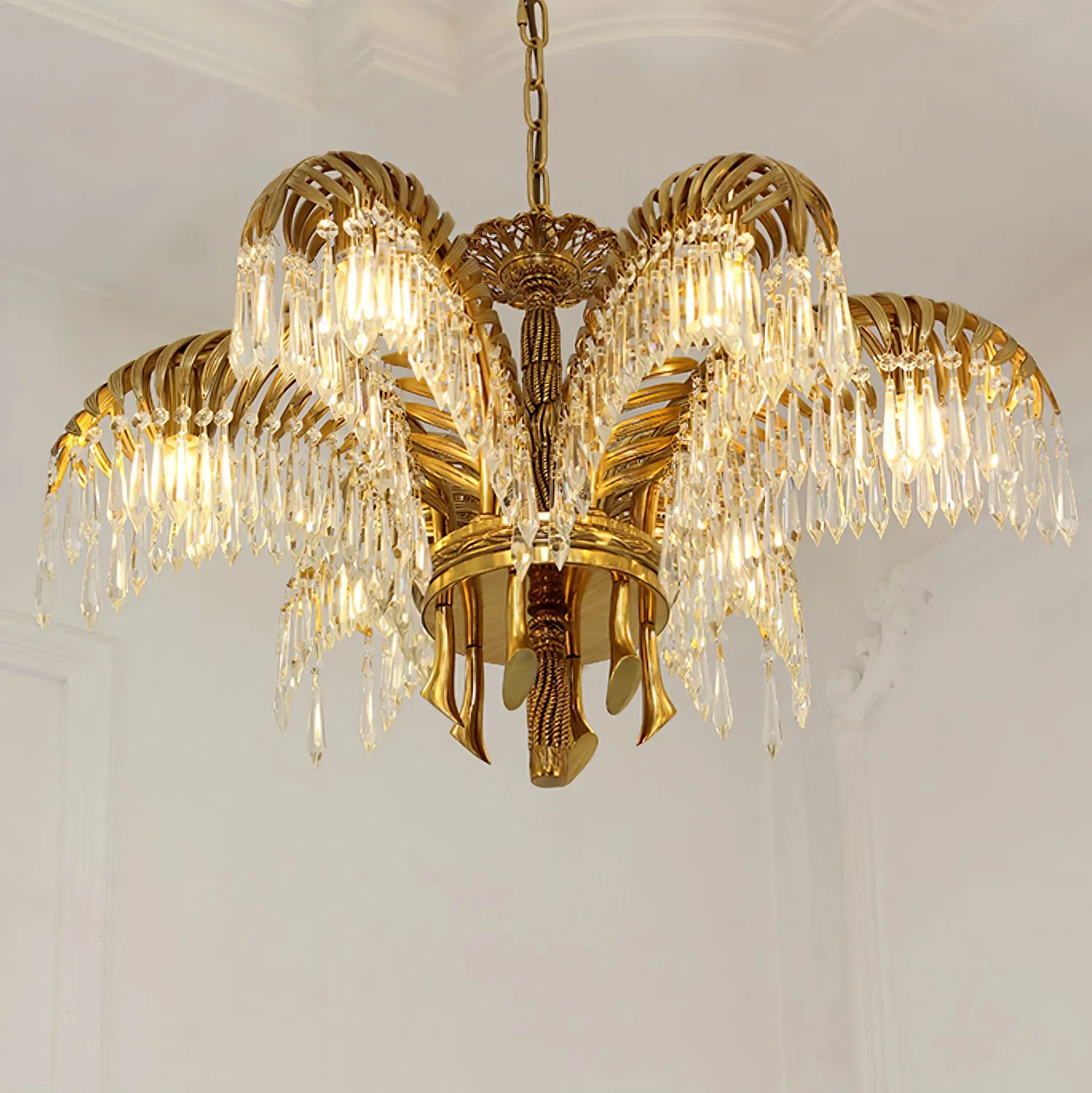 Brass Palm Leaf Crystal Chandelier