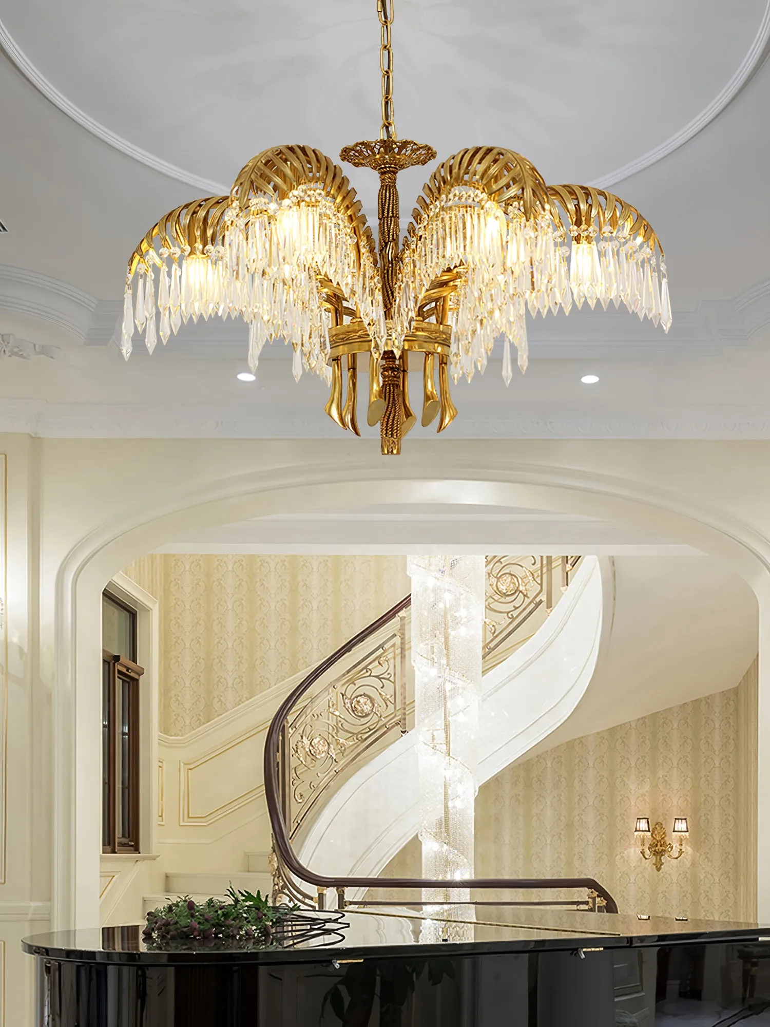 Brass Palm Leaf Crystal Chandelier