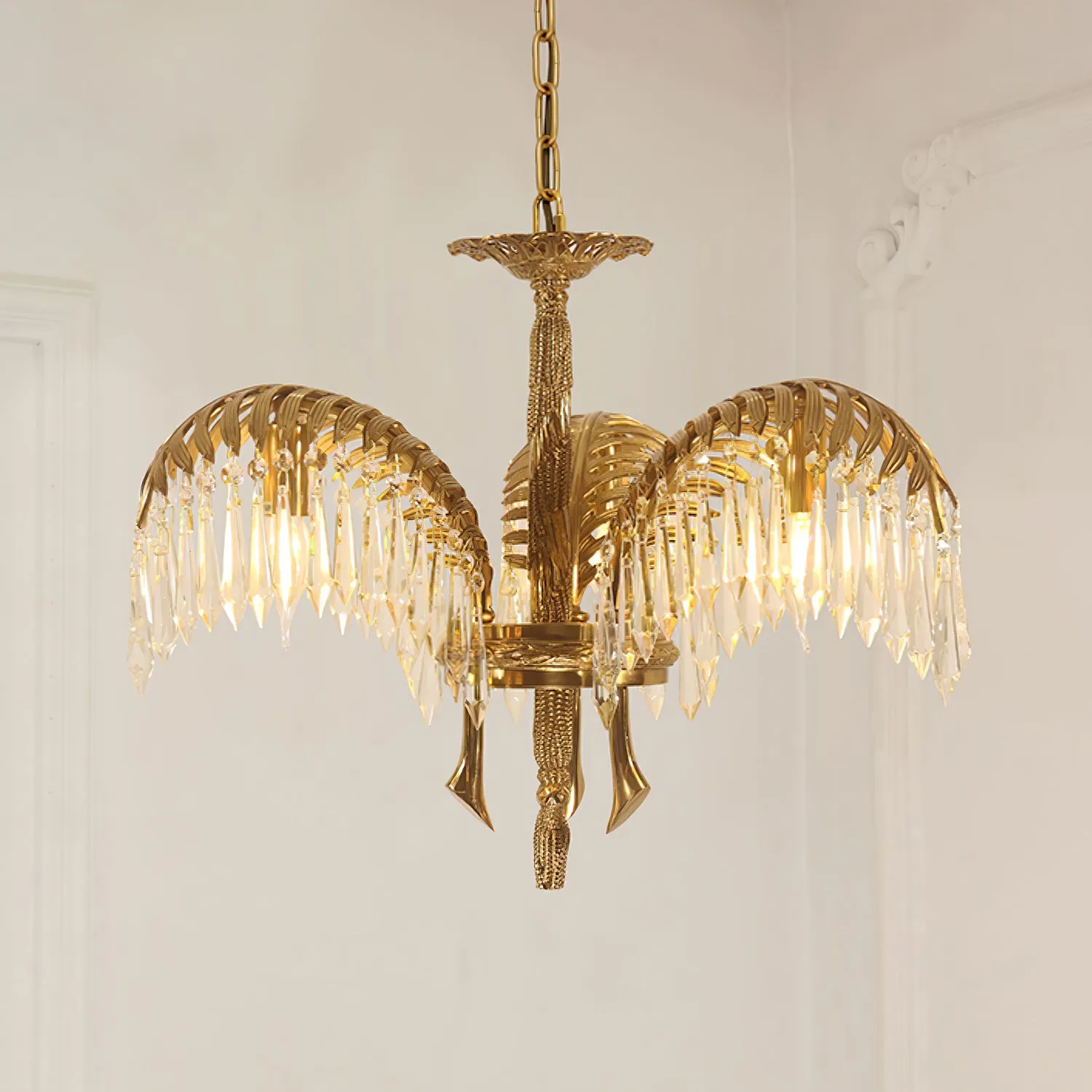 Brass Palm Leaf Crystal Chandelier