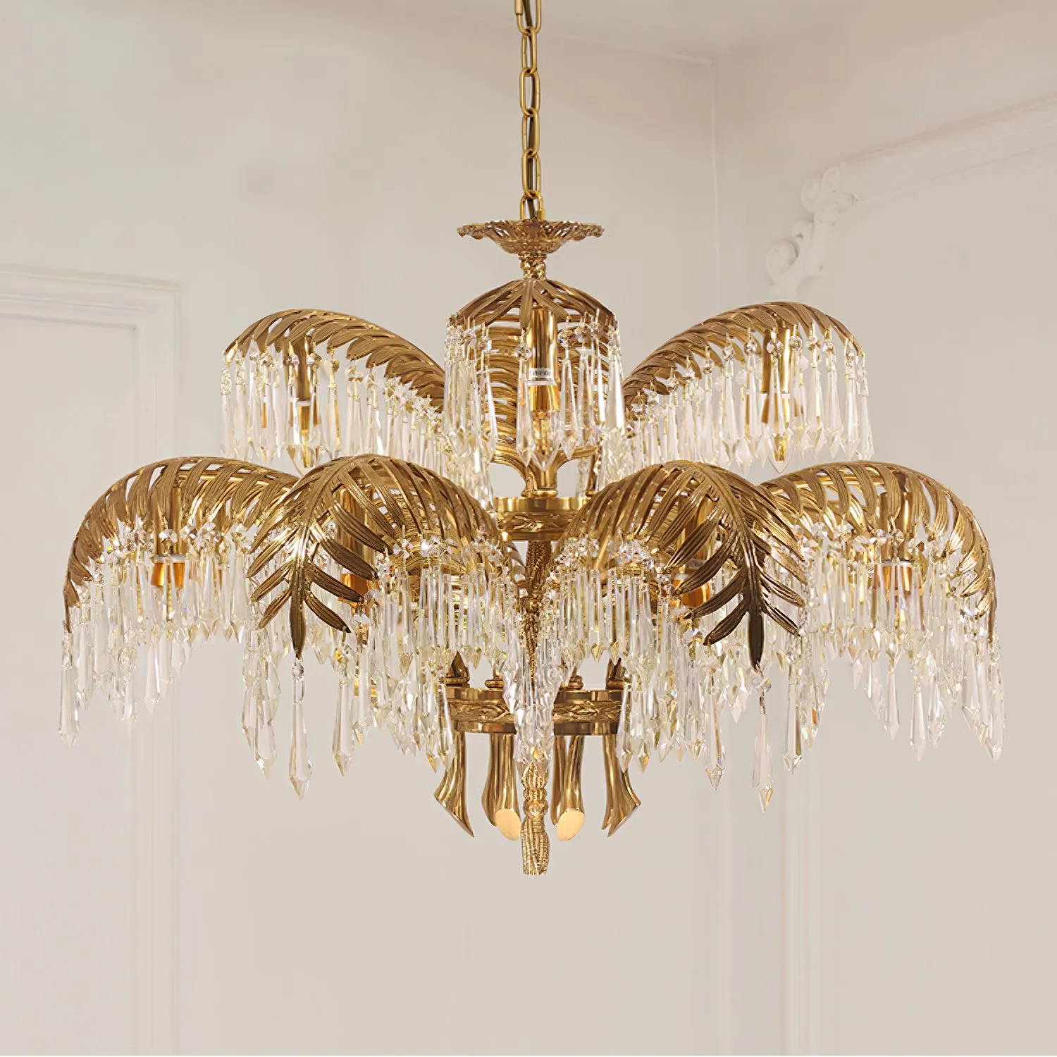 Brass Palm Leaf Crystal Chandelier