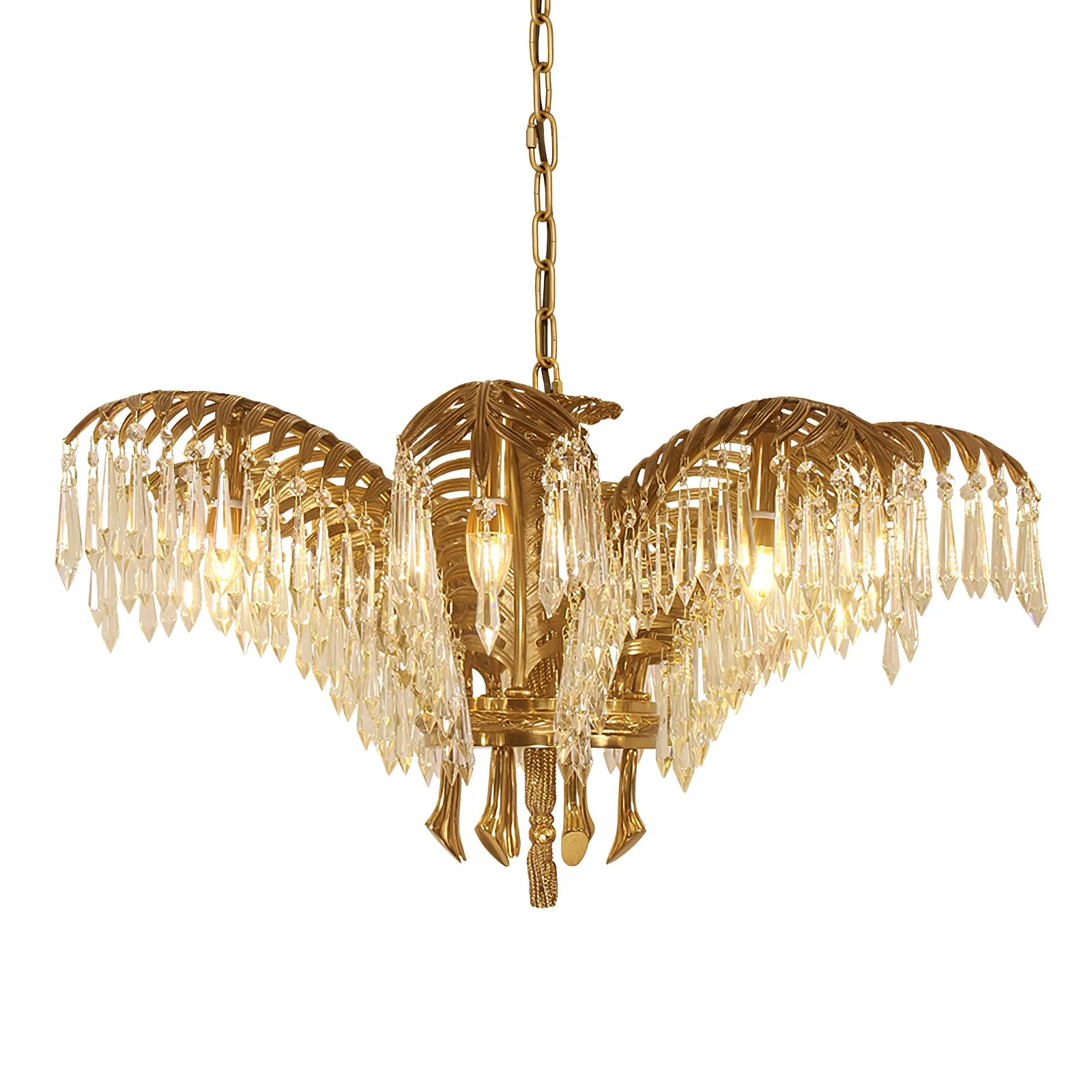 Brass Palm Leaf Crystal Chandelier