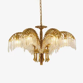 Brass Palm Leaf Crystal Chandelier