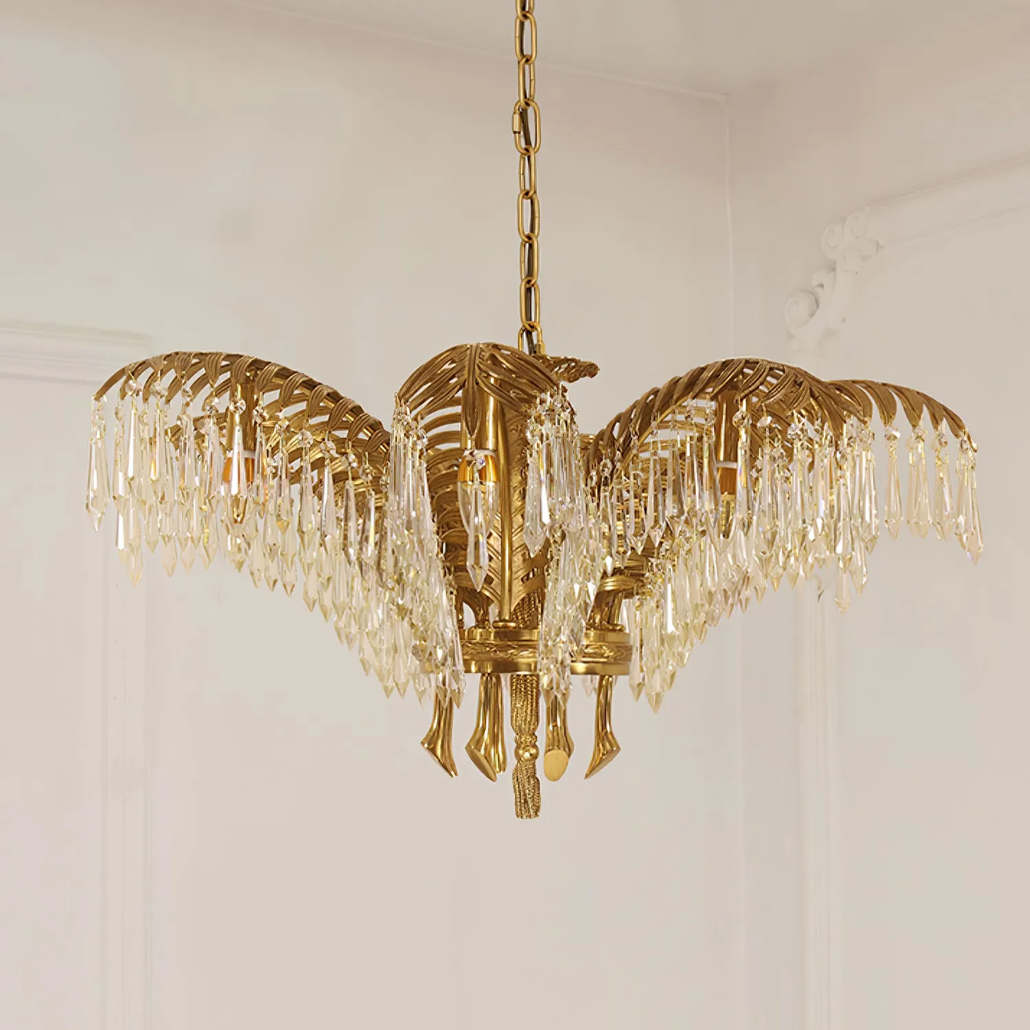 Brass Palm Leaf Crystal Chandelier