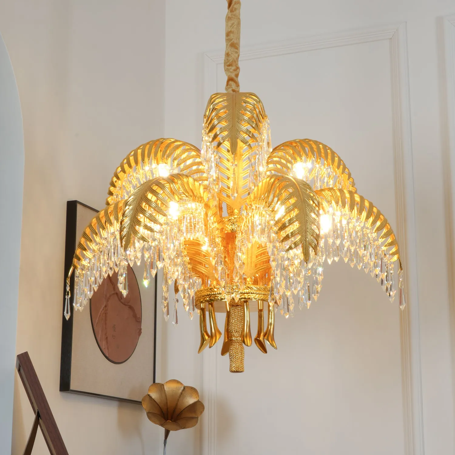 Brass Palm Leaf Crystal Chandelier