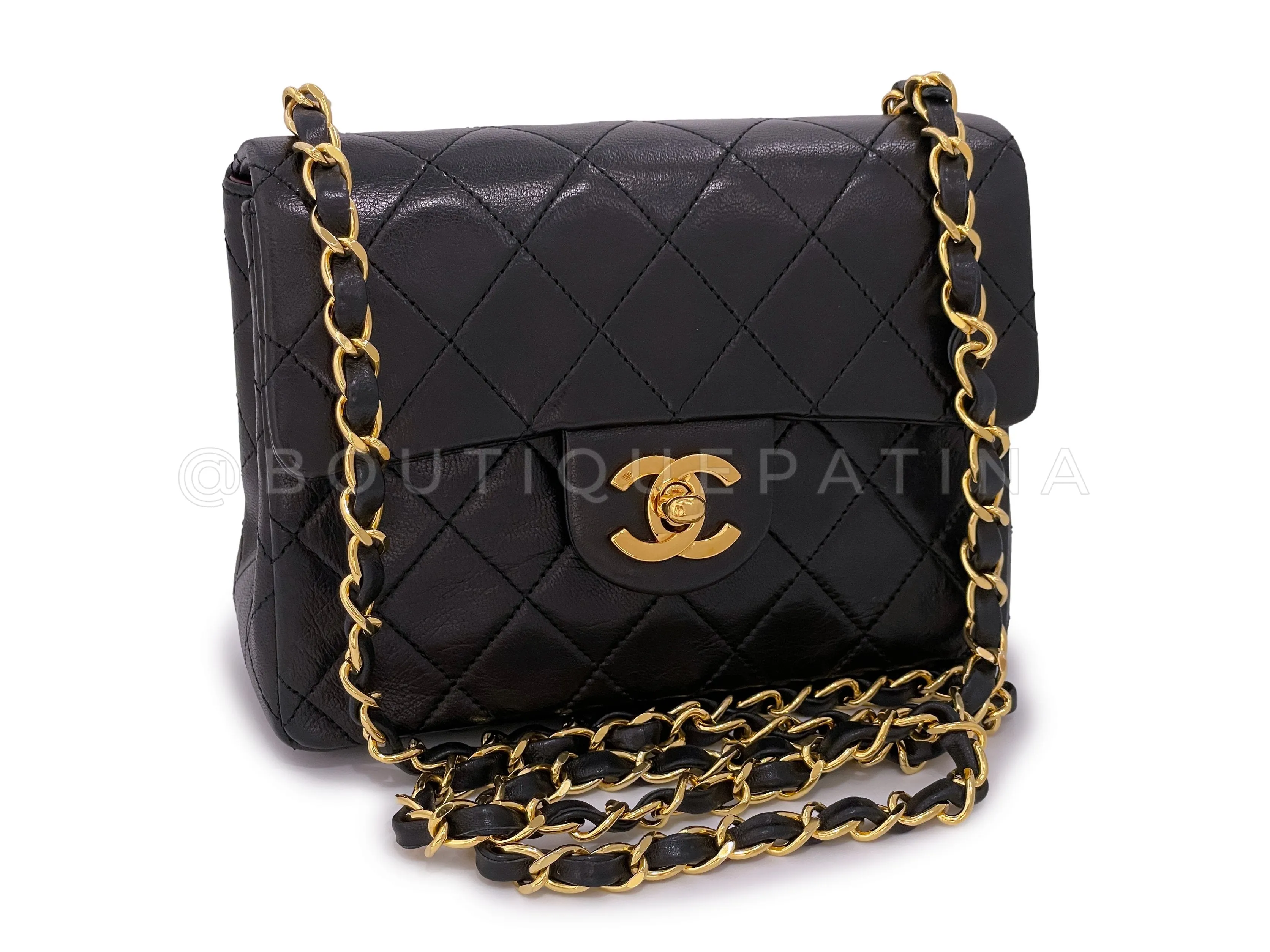 Chanel 1990 Vintage Black Square Mini Flap Bag 24k GHW Lambskin