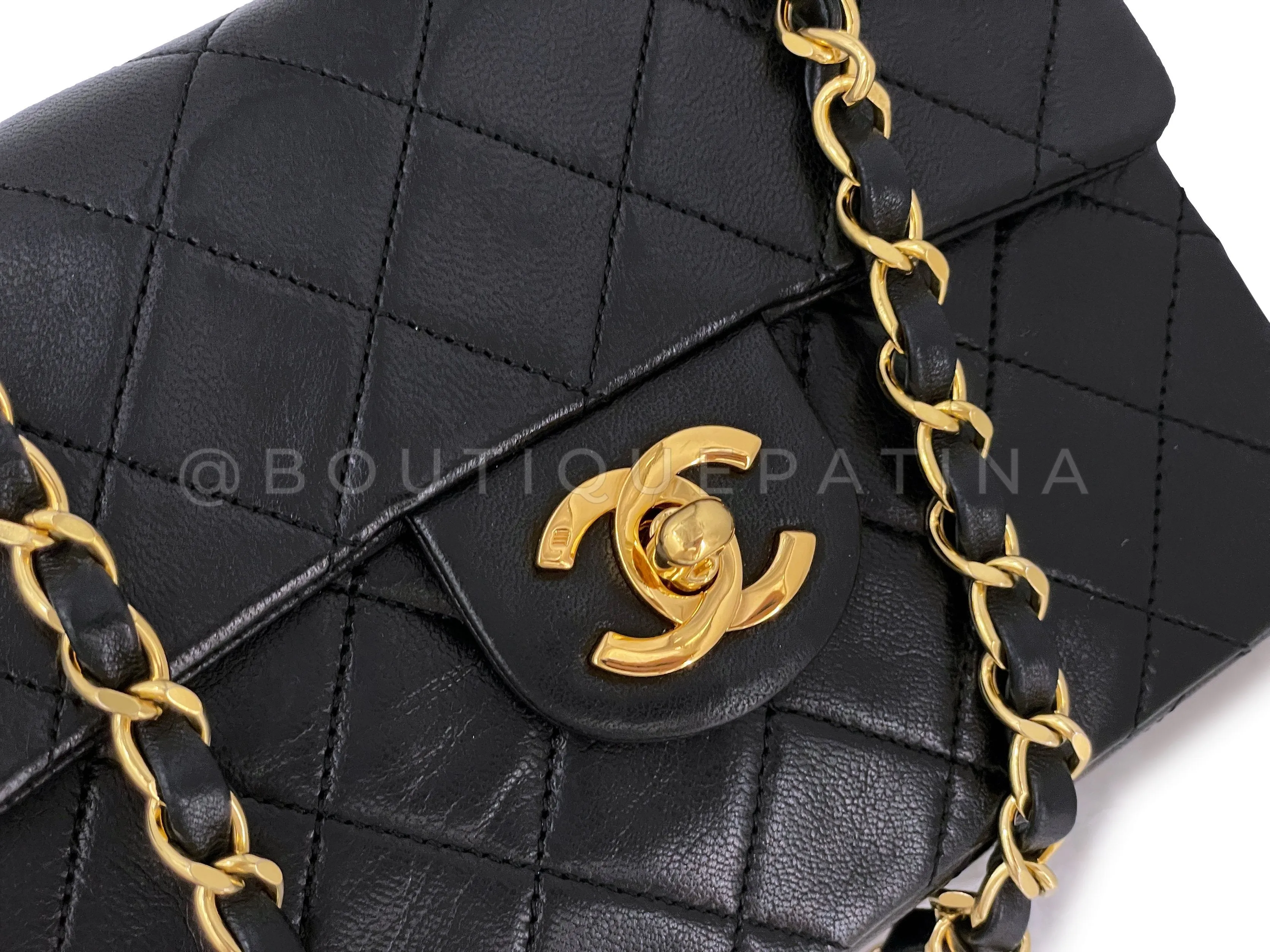 Chanel 1990 Vintage Black Square Mini Flap Bag 24k GHW Lambskin