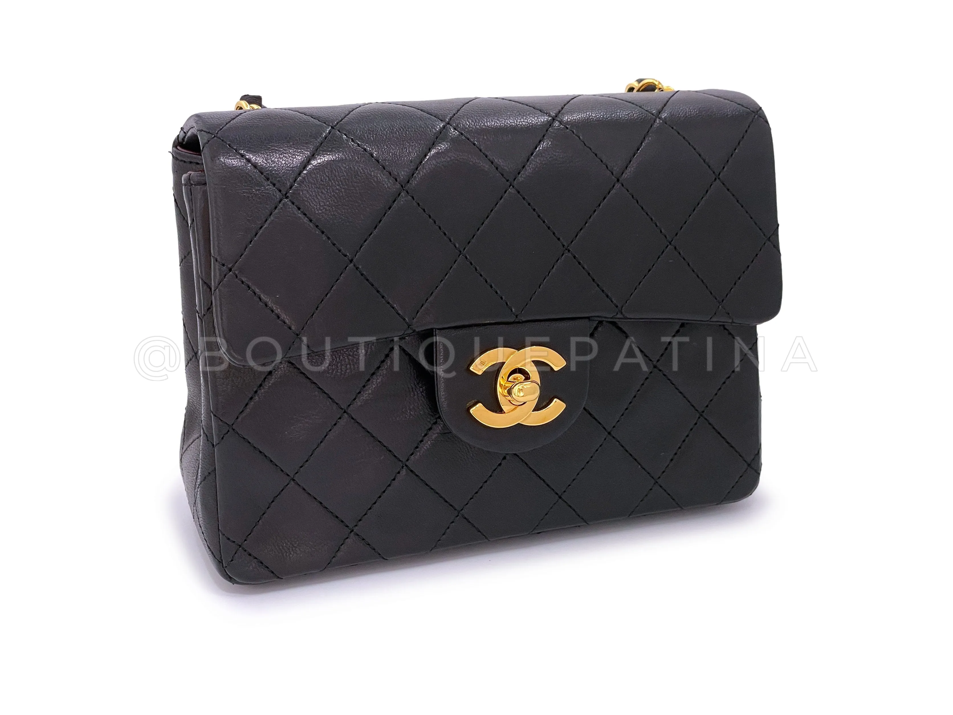 Chanel 1990 Vintage Black Square Mini Flap Bag 24k GHW Lambskin