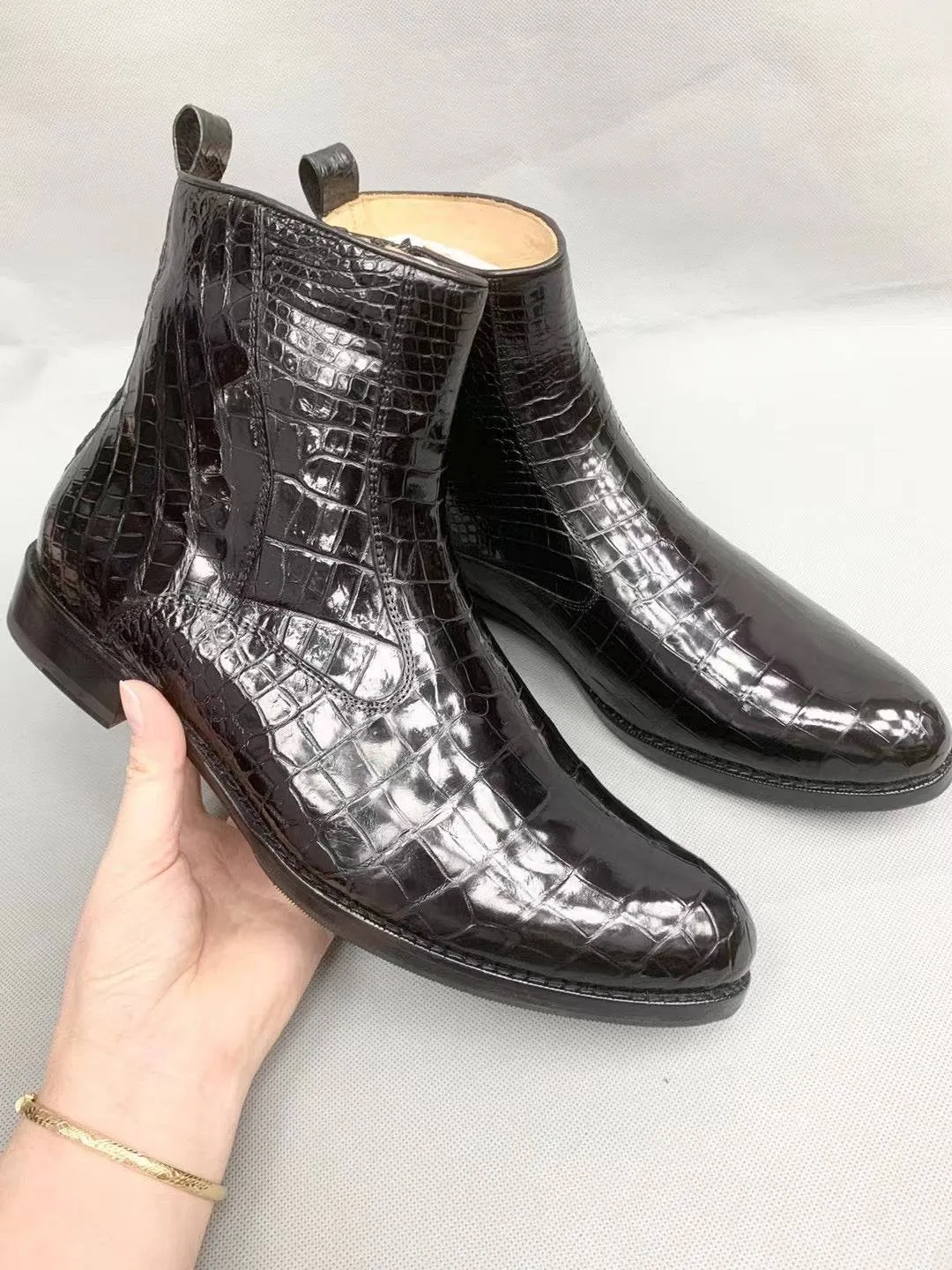 Crocodile Shoes Men Black Ankle Crocodile  Leather Boot, Men Side Zipper Boot, Men Crocodile Leather Boots