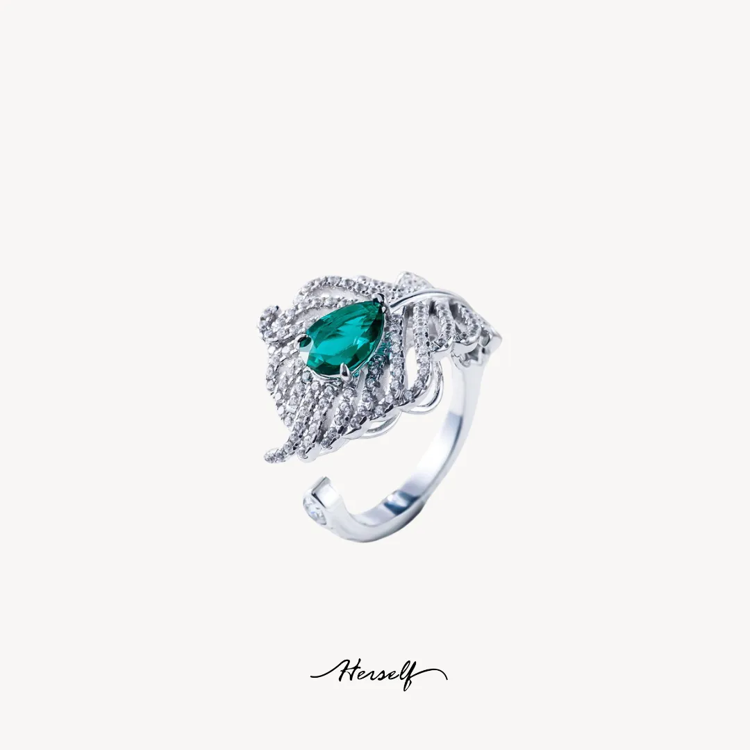 Emerald Feather Ring Adjustable