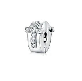 Faith in Style Crystal Cross Stopper Clip Charm 925 Sterling Silver