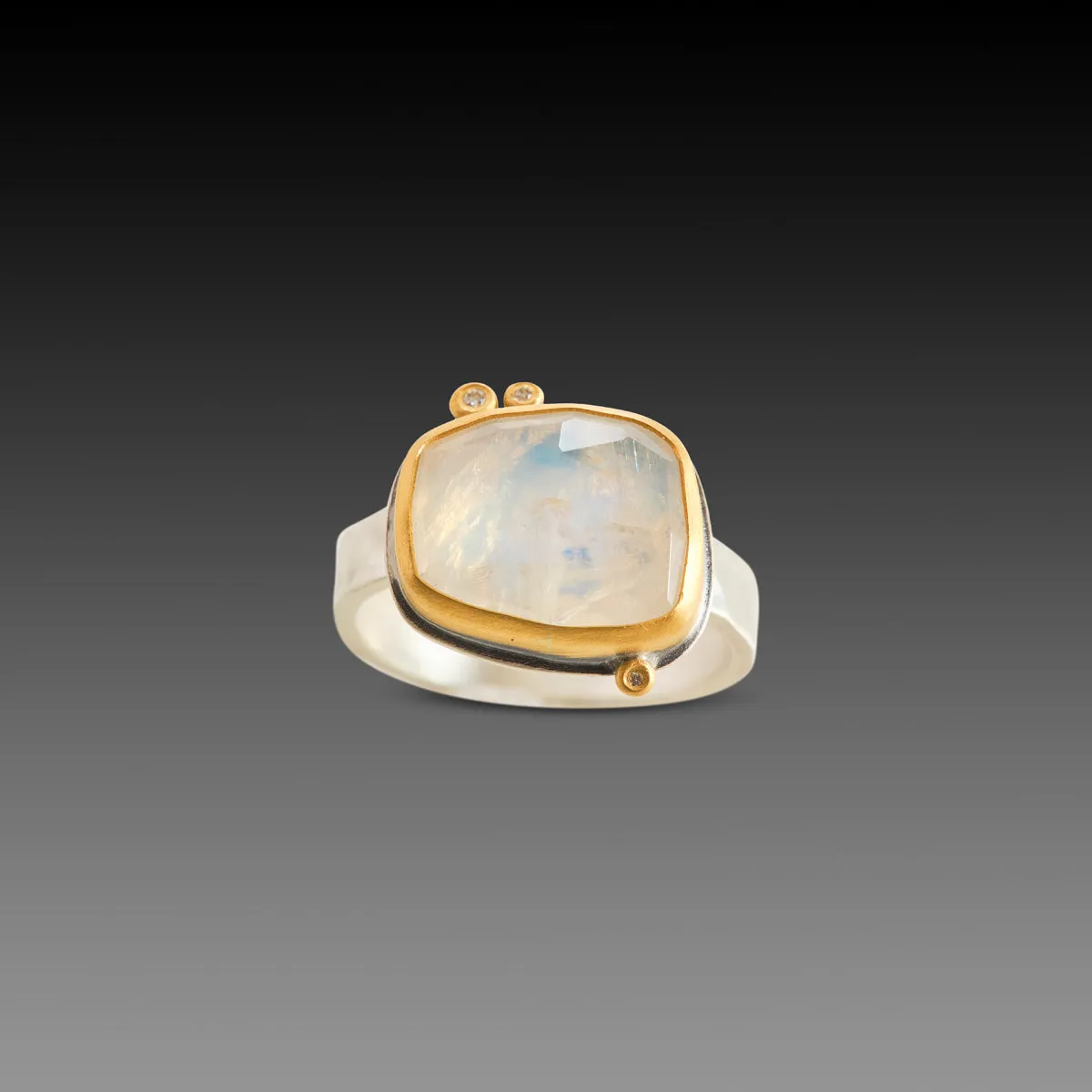 Glowing Rainbow Moonstone Ring with Diamonds