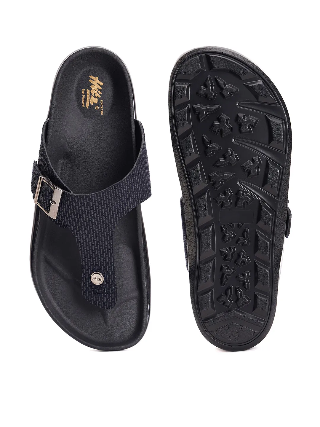 Hitz Men's Black Leather Open Toe Slippers