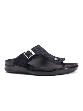 Hitz Men's Black Leather Open Toe Slippers