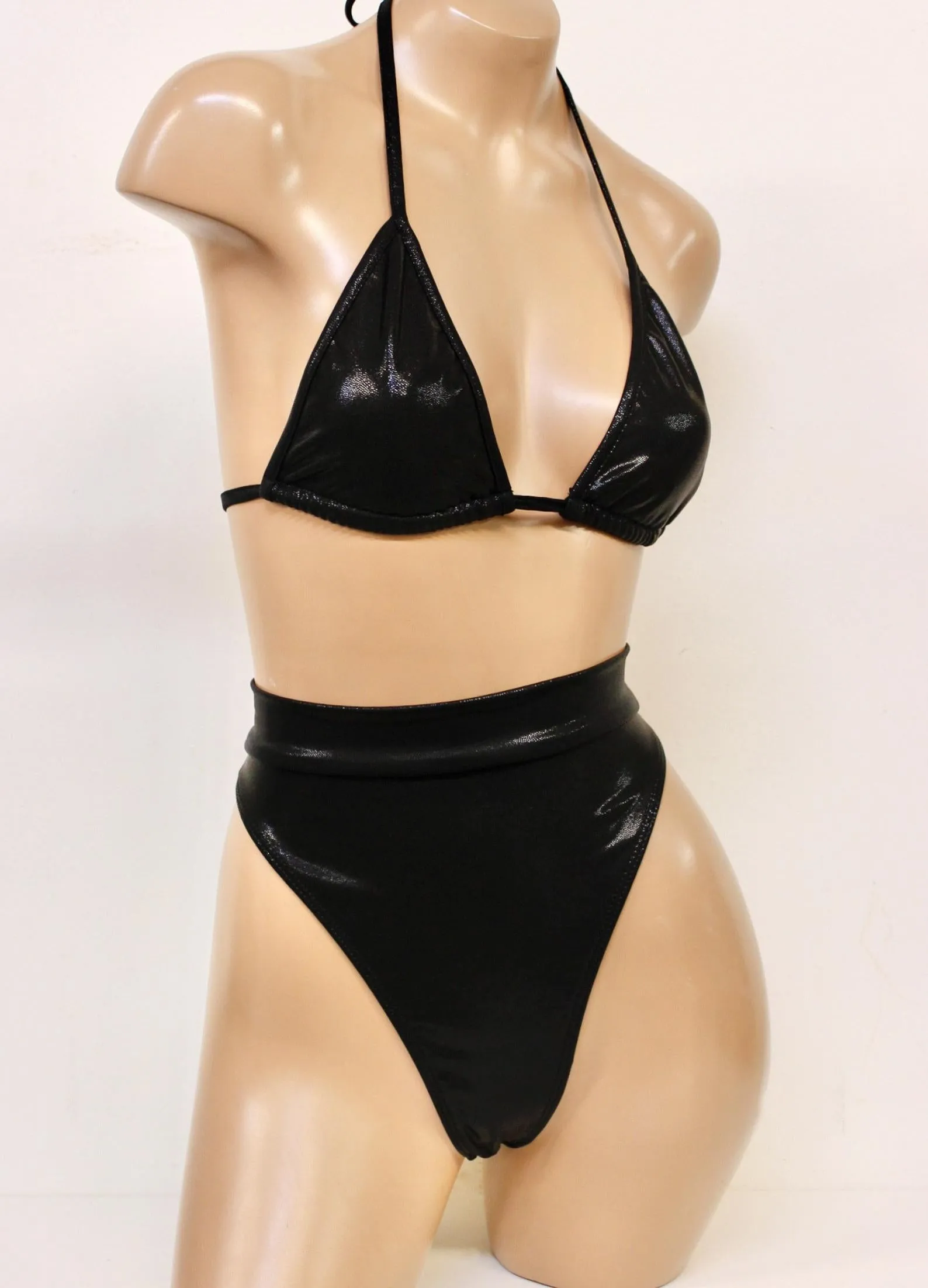 Hologram Bikini Set with Triangle Top and Highcut Thong Bottoms in Black