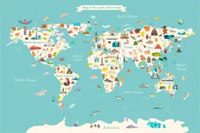 Kids World Map with Monuments, Green, Unisex Wallpaper